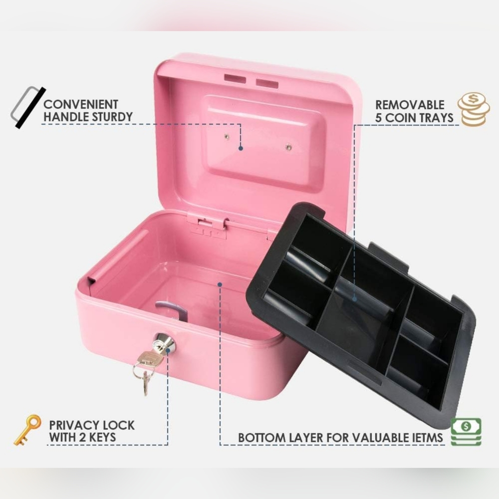 Durable Steel Pink Medium Lock Cash Box With Cash Drawer and a Set Of Lock Keys - Picture 4 of 8